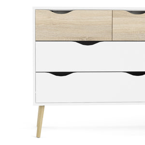 Oslo Double Dresser with 8 Drawers in White and Oak Furniture To Go 7047545549ak 5713035011624 Alluding a retro modern charm, the Oslo collection has an authentic scandinavian appeal with real style. Dimensions: 817mm x 1957mm x 391mm (Height x Width x Depth) 
 Stylish and trendy 
 High quality laminated board (resistant to damage and scratches, moisture and high temperature) 
 Easy gliding drawer runners 
 Easy self assembly  
 Made from PEFC Certified sustainable wood 
 Assembly instructions:
 
 https://w