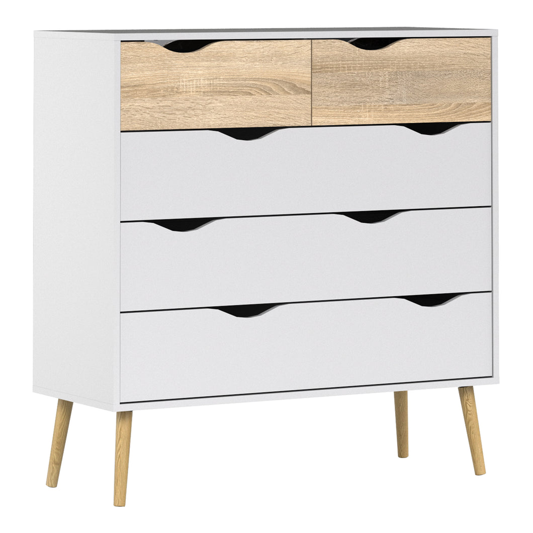 Oslo Chest of 5 Drawers (2+3) in White and Oak Furniture To Go 7047545649ak 5060653082537 Alluding a retro modern charm, the Oslo collection has an authentic scandinavian appeal with real style. Dimensions: 1009mm x 987mm x 391mm (Height x Width x Depth) 
 Stylish and trendy 
 High quality laminated board (resistant to damage and scratches, moisture and high temperature) 
 Easy gliding drawer runners 
 Made from PEFC Certified sustainable wood 
 Easy self assembly  
 Made in Denmark 
 Assembly instructions: