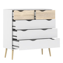 Load image into Gallery viewer, Oslo Chest of 5 Drawers (2+3) in White and Oak Furniture To Go 7047545649ak 5060653082537 Alluding a retro modern charm, the Oslo collection has an authentic scandinavian appeal with real style. Dimensions: 1009mm x 987mm x 391mm (Height x Width x Depth) 
 Stylish and trendy 
 High quality laminated board (resistant to damage and scratches, moisture and high temperature) 
 Easy gliding drawer runners 
 Made from PEFC Certified sustainable wood 
 Easy self assembly  
 Made in Denmark 
 Assembly instructions: