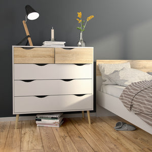 Oslo Chest of 5 Drawers (2+3) in White and Oak Furniture To Go 7047545649ak 5060653082537 Alluding a retro modern charm, the Oslo collection has an authentic scandinavian appeal with real style. Dimensions: 1009mm x 987mm x 391mm (Height x Width x Depth) 
 Stylish and trendy 
 High quality laminated board (resistant to damage and scratches, moisture and high temperature) 
 Easy gliding drawer runners 
 Made from PEFC Certified sustainable wood 
 Easy self assembly  
 Made in Denmark 
 Assembly instructions: