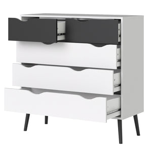 Oslo Chest of 5 Drawers (2+3) in White and Black Matt Furniture To Go 7047545649gm 5060653082544 Alluding a retro modern charm, the Oslo collection has an authentic scandinavian appeal with real style. Dimensions: 1009mm x 987mm x 391mm (Height x Width x Depth) 
 Stylish and trendy 
 High quality laminated board (resistant to damage and scratches, moisture and high temperature) 
 Easy gliding drawer runners 
 Made from PEFC Certified sustainable wood 
 Easy self assembly  
 Made in Denmark 
 Assembly instru