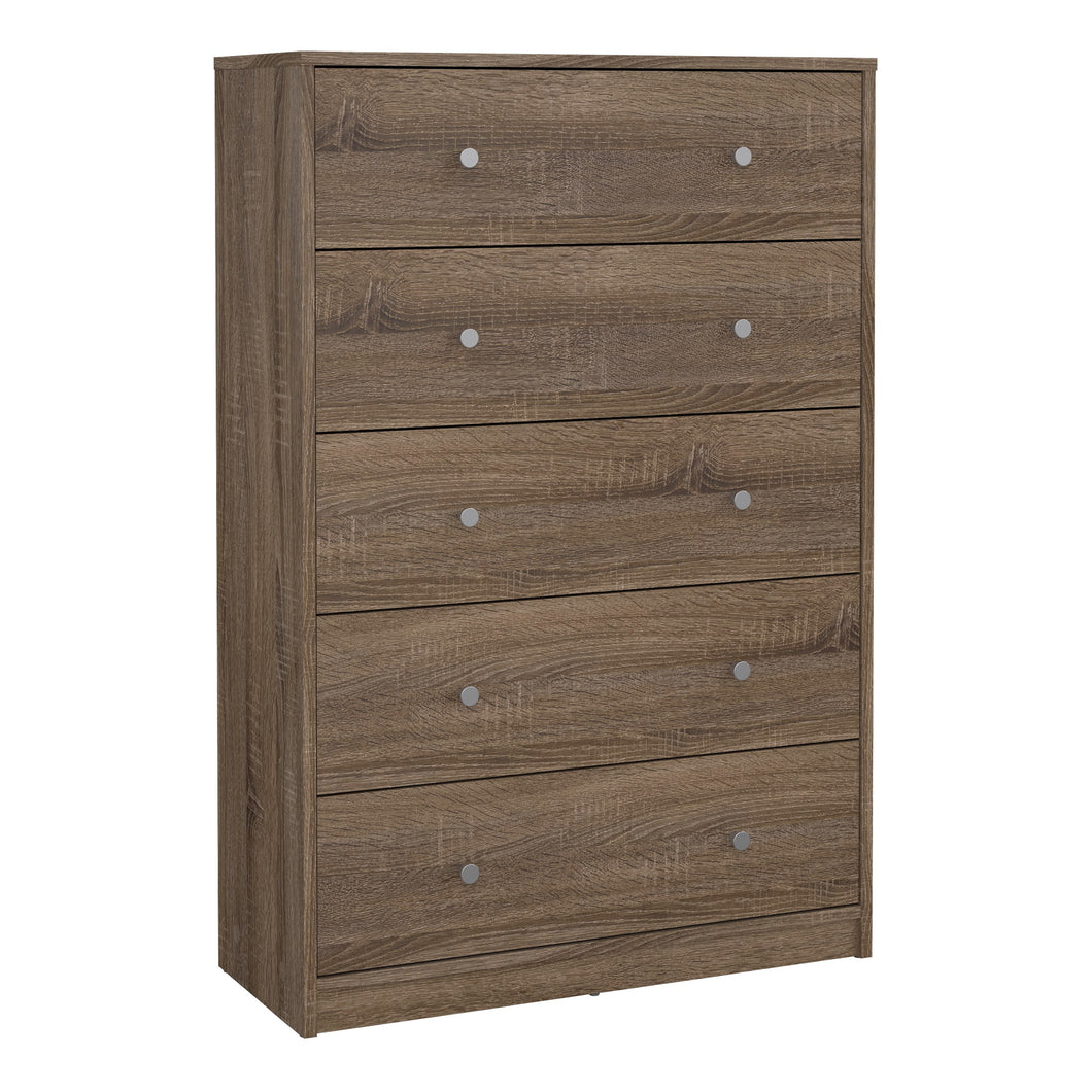 May Chest of 5 Drawers in Truffle Oak Furniture To Go 70870329cjcj 5713035064941 The sleek design of the May collection creates a perfect balance between your room's style, and useful function. It's easy to complement this piece with another from the May range and create a bold, uniform look in your space. This drawer is perfect for small spaces that require extra storage. Dimensions: 1081mm x 724mm x 298mm (Height x Width x Depth) 
 High quality laminated board (resistant to damage and scratches, moisture 