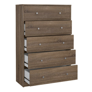 May Chest of 5 Drawers in Truffle Oak Furniture To Go 70870329cjcj 5713035064941 The sleek design of the May collection creates a perfect balance between your room's style, and useful function. It's easy to complement this piece with another from the May range and create a bold, uniform look in your space. This drawer is perfect for small spaces that require extra storage. Dimensions: 1081mm x 724mm x 298mm (Height x Width x Depth) 
 High quality laminated board (resistant to damage and scratches, moisture 