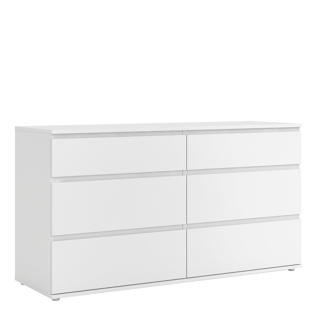 Nova Wide Chest of 6 Drawers (3+3) in White Furniture To Go 709712524949 5060653083206 All cabinets and chests in the Nova range feature a modern handle-less drawer solution, and carefully designed soft edges for a clean, linear design. Finished in a fade-resistant easy clean surface. Dimensions: 837mm x 1534mm x 500mm (Height x Width x Depth) 
 High quality laminated board (resistant to damage and scratches, moisture and high temperature) 
 Easy gliding drawer runners 
 Wrapped edges for clean, streamline 