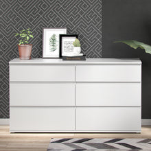 Load image into Gallery viewer, Nova Wide Chest of 6 Drawers (3+3) in White Furniture To Go 709712524949 5060653083206 All cabinets and chests in the Nova range feature a modern handle-less drawer solution, and carefully designed soft edges for a clean, linear design. Finished in a fade-resistant easy clean surface. Dimensions: 837mm x 1534mm x 500mm (Height x Width x Depth) 
 High quality laminated board (resistant to damage and scratches, moisture and high temperature) 
 Easy gliding drawer runners 
 Wrapped edges for clean, streamline 