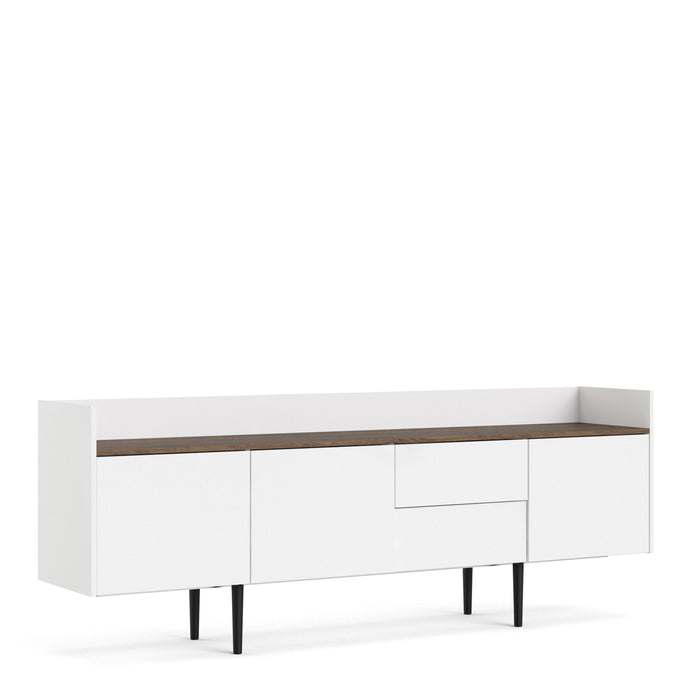 Unit Sideboard 2 Drawers 3 Doors in White and Walnut Furniture To Go 7137090049dj 5060653083459 A retro-inspired design with some mid century modern flair. Dimensions: 732mm x 1955mm x 404mm (Height x Width x Depth) 
 Stylish and timeless 
 High quality laminated board (resistant to damage and scratches, moisture and high temperature) 
 Easy gliding drawer runners 
 Adjustable hinges on all doors 
 Modern handle free solution 
 Made from PEFC Certified sustainable wood 
 Assembly instructions:
 
 https://ww