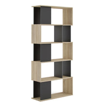 Load image into Gallery viewer, Maze Open Bookcase 4 Shelves in Oak and Black Furniture To Go 71471735ak86 5060653083527 Give your room some midcentury modern flair with the Maze Open Bookcase. Crafted in an asymmetrical design with a striking two-tone finish, and an open back creating a light airy feel. Great for displaying photos, decorations and books. This 7 shelf bookcase is made with environmentally friendly materials, and features a durable scratch-resistant surface ensuring years of enjoyment. Dimensions: 1735mm x 800mm x 295mm (H