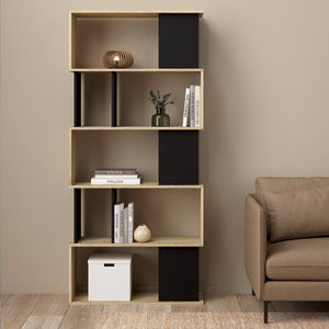 Maze Open Bookcase 4 Shelves in Oak and Black Furniture To Go 71471735ak86 5060653083527 Give your room some midcentury modern flair with the Maze Open Bookcase. Crafted in an asymmetrical design with a striking two-tone finish, and an open back creating a light airy feel. Great for displaying photos, decorations and books. This 7 shelf bookcase is made with environmentally friendly materials, and features a durable scratch-resistant surface ensuring years of enjoyment. Dimensions: 1735mm x 800mm x 295mm (H