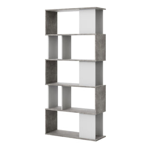 Maze Open Bookcase 4 Shelves in Concrete and White Furniture To Go 71471735gx49 5713035038379 Revamp your living space with the Maze Open Bookcase, featuring a chic and stylish concrete and white finish. The asymmetrical design and two-tone color palette create a mid-century modern vibe, while the open back provides an airy feel to your room. Perfect for showcasing photos, decor, and books, this 4 shelf bookcase offers ample display space. Made with eco-friendly materials, this bookcase boasts a durable and