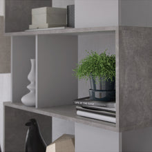 Load image into Gallery viewer, Maze Open Bookcase 4 Shelves in Concrete and White Furniture To Go 71471735gx49 5713035038379 Revamp your living space with the Maze Open Bookcase, featuring a chic and stylish concrete and white finish. The asymmetrical design and two-tone color palette create a mid-century modern vibe, while the open back provides an airy feel to your room. Perfect for showcasing photos, decor, and books, this 4 shelf bookcase offers ample display space. Made with eco-friendly materials, this bookcase boasts a durable and