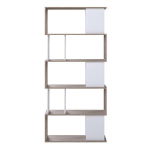 Maze Open Bookcase 4 Shelves in Jackson Hickory Oak and White Furniture To Go 71471735hl49 5713035081375 Add a touch of midcentury modern style to your space with the Maze Open Bookcase. With its asymmetrical design and eye-catching Jackson hickory oak and white two-tone finish, this bookcase is sure to make a statement in your home. The open back design creates a light and airy feel, perfect for showcasing your favourite photos, decorations, and books. Constructed from environmentally friendly materials, t