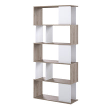 Load image into Gallery viewer, Maze Open Bookcase 4 Shelves in Jackson Hickory Oak and White Furniture To Go 71471735hl49 5713035081375 Add a touch of midcentury modern style to your space with the Maze Open Bookcase. With its asymmetrical design and eye-catching Jackson hickory oak and white two-tone finish, this bookcase is sure to make a statement in your home. The open back design creates a light and airy feel, perfect for showcasing your favourite photos, decorations, and books. Constructed from environmentally friendly materials, t