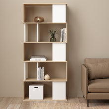 Load image into Gallery viewer, Maze Open Bookcase 4 Shelves in Jackson Hickory Oak and White Furniture To Go 71471735hl49 5713035081375 Add a touch of midcentury modern style to your space with the Maze Open Bookcase. With its asymmetrical design and eye-catching Jackson hickory oak and white two-tone finish, this bookcase is sure to make a statement in your home. The open back design creates a light and airy feel, perfect for showcasing your favourite photos, decorations, and books. Constructed from environmentally friendly materials, t