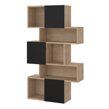 Load image into Gallery viewer, Maze Asymmetrical Bookcase with 3 Doors in Jackson Hickory and Black Furniture To Go 71471738hlgm 5713035083546 Introducing the Maze Open Bookcase—a captivating addition that elevates your living space with its chic Jackson Hickory and Black finish. The asymmetrical design, two-tone colour palette, and spacious 4 shelves allow you to curate your unique showcase of cherished memories and decor pieces. This must-have bookcase exudes sophistication and enduring beauty, adding a touch of style to your home deco