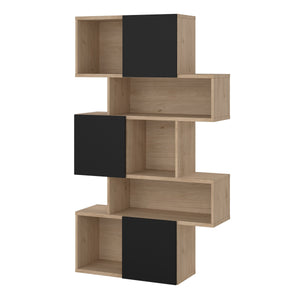 Maze Asymmetrical Bookcase with 3 Doors in Jackson Hickory and Black Furniture To Go 71471738hlgm 5713035083546 Introducing the Maze Open Bookcase—a captivating addition that elevates your living space with its chic Jackson Hickory and Black finish. The asymmetrical design, two-tone colour palette, and spacious 4 shelves allow you to curate your unique showcase of cherished memories and decor pieces. This must-have bookcase exudes sophistication and enduring beauty, adding a touch of style to your home deco