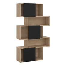 Load image into Gallery viewer, Maze Asymmetrical Bookcase with 3 Doors in Jackson Hickory and Black Furniture To Go 71471738hlgm 5713035083546 Introducing the Maze Open Bookcase—a captivating addition that elevates your living space with its chic Jackson Hickory and Black finish. The asymmetrical design, two-tone colour palette, and spacious 4 shelves allow you to curate your unique showcase of cherished memories and decor pieces. This must-have bookcase exudes sophistication and enduring beauty, adding a touch of style to your home deco
