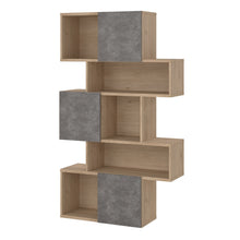 Load image into Gallery viewer, Maze Asymmetrical Bookcase with 3 Doors in Jackson Hickory and Concrete Furniture To Go 71471738hlgx 5713035083690 Introducing the Maze Open Bookcase—a captivating addition that elevates your living space with its chic Jackson Hickory and Concrete finish. The asymmetrical design, two-tone colour palette, and spacious 4 shelves allow you to curate your unique showcase of cherished memories and decor pieces. This must-have bookcase exudes sophistication and enduring beauty, adding a touch of style to your hom