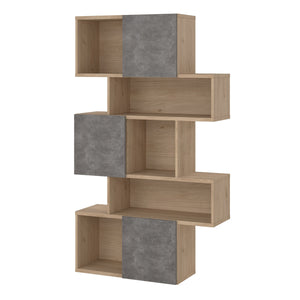 Maze Asymmetrical Bookcase with 3 Doors in Jackson Hickory and Concrete Furniture To Go 71471738hlgx 5713035083690 Introducing the Maze Open Bookcase—a captivating addition that elevates your living space with its chic Jackson Hickory and Concrete finish. The asymmetrical design, two-tone colour palette, and spacious 4 shelves allow you to curate your unique showcase of cherished memories and decor pieces. This must-have bookcase exudes sophistication and enduring beauty, adding a touch of style to your hom