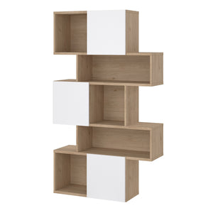 Maze Asymmetrical Bookcase with 3 Doors in Jackson Hickory and White High Gloss Furniture To Go 71471738hluu 5713035083560 Introducing the Maze Open Bookcase—a captivating addition that elevates your living space with its chic Jackson Hickory and White high gloss finish. The asymmetrical design, two-tone colour palette, and spacious 4 shelves allow you to curate your unique showcase of cherished memories and decor pieces. This must-have bookcase exudes sophistication and enduring beauty, adding a touch of s