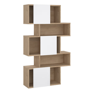 Maze Asymmetrical Bookcase with 3 Doors in Jackson Hickory and White High Gloss Furniture To Go 71471738hluu 5713035083560 Introducing the Maze Open Bookcase—a captivating addition that elevates your living space with its chic Jackson Hickory and White high gloss finish. The asymmetrical design, two-tone colour palette, and spacious 4 shelves allow you to curate your unique showcase of cherished memories and decor pieces. This must-have bookcase exudes sophistication and enduring beauty, adding a touch of s