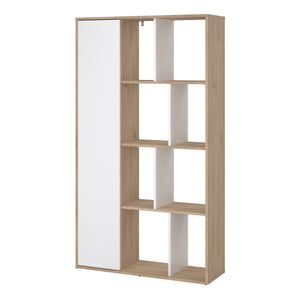 Maze Bookcase with 1 Door in Jackson Hickory and White High Gloss Furniture To Go 71471739hluu 5713035083690 Presenting the Maze Bookcase with 1 door—a captivating addition that elevates your living space with its chic Jackson Hickory and White high gloss finish. The asymmetrical design, two-tone color palette, and spacious interior provide a contemporary charm, allowing you to curate your unique showcase of cherished memories and decor pieces. This must-have bookcase exudes sophistication and enduring beau
