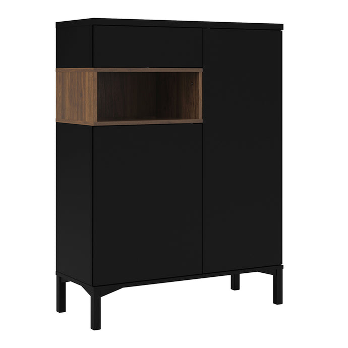 Roomers Sideboard 2 Drawers 1 Door in Black and Walnut Furniture To Go 7169217386dj 5060653083626 Roomers is an attractive classic design with a modern interpretation. Dimensions: 1186mm x 887mm x 362mm (Height x Width x Depth) 
 Stylish and trendy 
 High quality laminated board (resistant to damage and scratches, moisture and high temperature) 
 Adjustable hinges on all doors 
 Modern handle free solution 
 Easy gliding drawer runners 
 Made from PEFC Certified sustainable wood 
 Assembly instructions:
 
 