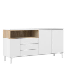 Load image into Gallery viewer, Roomers Sideboard 3 Drawers 3 Doors in White and Oak Furniture To Go 7169217849ak 5060653083596 Roomers is an attractive classic design with a modern interpretation. Dimensions: 898mm x 1757mm x 482mm (Height x Width x Depth) 
 Stylish and trendy 
 High quality laminated board (resistant to damage and scratches, moisture and high temperature) 
 Adjustable hinges on all doors 
 Modern handle free solution 
 Easy gliding drawer runners 
 Made from PEFC Certified sustainable wood 
 Assembly instructions:
 
 ht