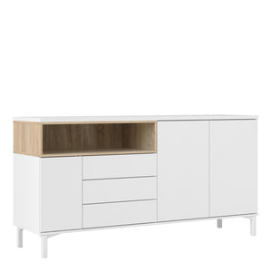 Roomers Sideboard 3 Drawers 3 Doors in White and Oak Furniture To Go 7169217849ak 5060653083596 Roomers is an attractive classic design with a modern interpretation. Dimensions: 898mm x 1757mm x 482mm (Height x Width x Depth) 
 Stylish and trendy 
 High quality laminated board (resistant to damage and scratches, moisture and high temperature) 
 Adjustable hinges on all doors 
 Modern handle free solution 
 Easy gliding drawer runners 
 Made from PEFC Certified sustainable wood 
 Assembly instructions:
 
 ht