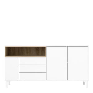 Roomers Sideboard 3 Drawers 3 Doors in White and Oak Furniture To Go 7169217849ak 5060653083596 Roomers is an attractive classic design with a modern interpretation. Dimensions: 898mm x 1757mm x 482mm (Height x Width x Depth) 
 Stylish and trendy 
 High quality laminated board (resistant to damage and scratches, moisture and high temperature) 
 Adjustable hinges on all doors 
 Modern handle free solution 
 Easy gliding drawer runners 
 Made from PEFC Certified sustainable wood 
 Assembly instructions:
 
 ht