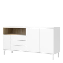 Load image into Gallery viewer, Roomers Sideboard 3 Drawers 3 Doors in White and Oak Furniture To Go 7169217849ak 5060653083596 Roomers is an attractive classic design with a modern interpretation. Dimensions: 898mm x 1757mm x 482mm (Height x Width x Depth) 
 Stylish and trendy 
 High quality laminated board (resistant to damage and scratches, moisture and high temperature) 
 Adjustable hinges on all doors 
 Modern handle free solution 
 Easy gliding drawer runners 
 Made from PEFC Certified sustainable wood 
 Assembly instructions:
 
 ht