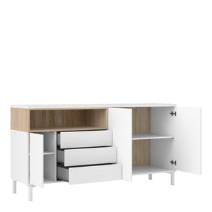 Roomers Sideboard 3 Drawers 3 Doors in White and Oak Furniture To Go 7169217849ak 5060653083596 Roomers is an attractive classic design with a modern interpretation. Dimensions: 898mm x 1757mm x 482mm (Height x Width x Depth) 
 Stylish and trendy 
 High quality laminated board (resistant to damage and scratches, moisture and high temperature) 
 Adjustable hinges on all doors 
 Modern handle free solution 
 Easy gliding drawer runners 
 Made from PEFC Certified sustainable wood 
 Assembly instructions:
 
 ht