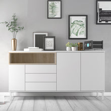 Load image into Gallery viewer, Roomers Sideboard 3 Drawers 3 Doors in White and Oak Furniture To Go 7169217849ak 5060653083596 Roomers is an attractive classic design with a modern interpretation. Dimensions: 898mm x 1757mm x 482mm (Height x Width x Depth) 
 Stylish and trendy 
 High quality laminated board (resistant to damage and scratches, moisture and high temperature) 
 Adjustable hinges on all doors 
 Modern handle free solution 
 Easy gliding drawer runners 
 Made from PEFC Certified sustainable wood 
 Assembly instructions:
 
 ht