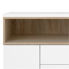 Load image into Gallery viewer, Roomers Sideboard 3 Drawers 3 Doors in White and Oak Furniture To Go 7169217849ak 5060653083596 Roomers is an attractive classic design with a modern interpretation. Dimensions: 898mm x 1757mm x 482mm (Height x Width x Depth) 
 Stylish and trendy 
 High quality laminated board (resistant to damage and scratches, moisture and high temperature) 
 Adjustable hinges on all doors 
 Modern handle free solution 
 Easy gliding drawer runners 
 Made from PEFC Certified sustainable wood 
 Assembly instructions:
 
 ht