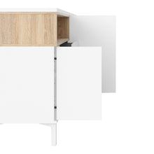 Load image into Gallery viewer, Roomers Sideboard 3 Drawers 3 Doors in White and Oak Furniture To Go 7169217849ak 5060653083596 Roomers is an attractive classic design with a modern interpretation. Dimensions: 898mm x 1757mm x 482mm (Height x Width x Depth) 
 Stylish and trendy 
 High quality laminated board (resistant to damage and scratches, moisture and high temperature) 
 Adjustable hinges on all doors 
 Modern handle free solution 
 Easy gliding drawer runners 
 Made from PEFC Certified sustainable wood 
 Assembly instructions:
 
 ht