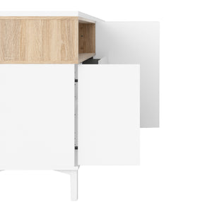 Roomers Sideboard 3 Drawers 3 Doors in White and Oak Furniture To Go 7169217849ak 5060653083596 Roomers is an attractive classic design with a modern interpretation. Dimensions: 898mm x 1757mm x 482mm (Height x Width x Depth) 
 Stylish and trendy 
 High quality laminated board (resistant to damage and scratches, moisture and high temperature) 
 Adjustable hinges on all doors 
 Modern handle free solution 
 Easy gliding drawer runners 
 Made from PEFC Certified sustainable wood 
 Assembly instructions:
 
 ht