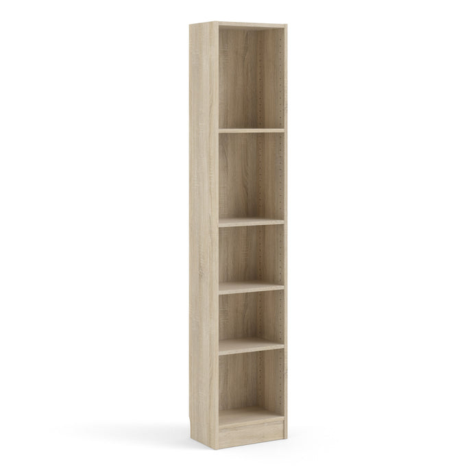 Basic Tall Narrow Bookcase (4 Shelves) in Oak Furniture To Go 71871775ak 5060653083770 Basic from Furniture to Go is a bookcase to suit any room in the house, with plenty of sizes and finishes to choose from. All shelves and the outer frame in the Basic collection are made with strong 18mm thick board. Our Basic bookcases also cleverly feature skirting board cut-outs making it easy to fit into any space in your home. Dimensions: 2032mm x 406mm x 267mm (Height x Width x Depth) 
 High quality laminated board 