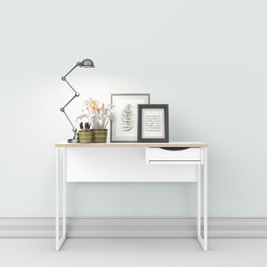 Function Plus Desk 1 Drawer in White with Oak Trim Furniture To Go 71970513gogo49 5713035050968 The Function Plus range of desks are designed to be practical in even the smallest of spaces. This desk will either tuck neatly into a corner or float in the room - a true modern workstation. Storage options include one handle-less drawer to keep your office supplies neatly out of sight. Also featuring metal drawer runners, a modesty panel and made using environmentally friendly materials. Dimensions: 765mm x 110