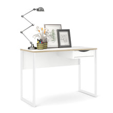 Load image into Gallery viewer, Function Plus Desk 1 Drawer in White with Oak Trim Furniture To Go 71970513gogo49 5713035050968 The Function Plus range of desks are designed to be practical in even the smallest of spaces. This desk will either tuck neatly into a corner or float in the room - a true modern workstation. Storage options include one handle-less drawer to keep your office supplies neatly out of sight. Also featuring metal drawer runners, a modesty panel and made using environmentally friendly materials. Dimensions: 765mm x 110