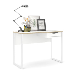 Function Plus Desk 1 Drawer in White with Oak Trim Furniture To Go 71970513gogo49 5713035050968 The Function Plus range of desks are designed to be practical in even the smallest of spaces. This desk will either tuck neatly into a corner or float in the room - a true modern workstation. Storage options include one handle-less drawer to keep your office supplies neatly out of sight. Also featuring metal drawer runners, a modesty panel and made using environmentally friendly materials. Dimensions: 765mm x 110