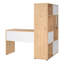 Load image into Gallery viewer, Function Plus Corner Desk with Bookcase Jackson Hickory/White in White/Oak Furniture To Go 71980178hluu 5713035081191 The Function Plus range of desks are designed to be practical in even the smallest of spaces. This desk will either tuck neatly into a corner or float in the room - a true modern workstation. Storage options include one handleless drawer and three handy shelves to keep your office supplies neatly out of sight. Also featuring metal drawer runners, a modesty panel, cable management and made us