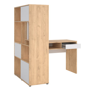 Function Plus Corner Desk with Bookcase Jackson Hickory/White in White/Oak Furniture To Go 71980178hluu 5713035081191 The Function Plus range of desks are designed to be practical in even the smallest of spaces. This desk will either tuck neatly into a corner or float in the room - a true modern workstation. Storage options include one handleless drawer and three handy shelves to keep your office supplies neatly out of sight. Also featuring metal drawer runners, a modesty panel, cable management and made us