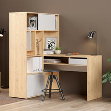 Load image into Gallery viewer, Function Plus Corner Desk with Bookcase Jackson Hickory/White in White/Oak Furniture To Go 71980178hluu 5713035081191 The Function Plus range of desks are designed to be practical in even the smallest of spaces. This desk will either tuck neatly into a corner or float in the room - a true modern workstation. Storage options include one handleless drawer and three handy shelves to keep your office supplies neatly out of sight. Also featuring metal drawer runners, a modesty panel, cable management and made us