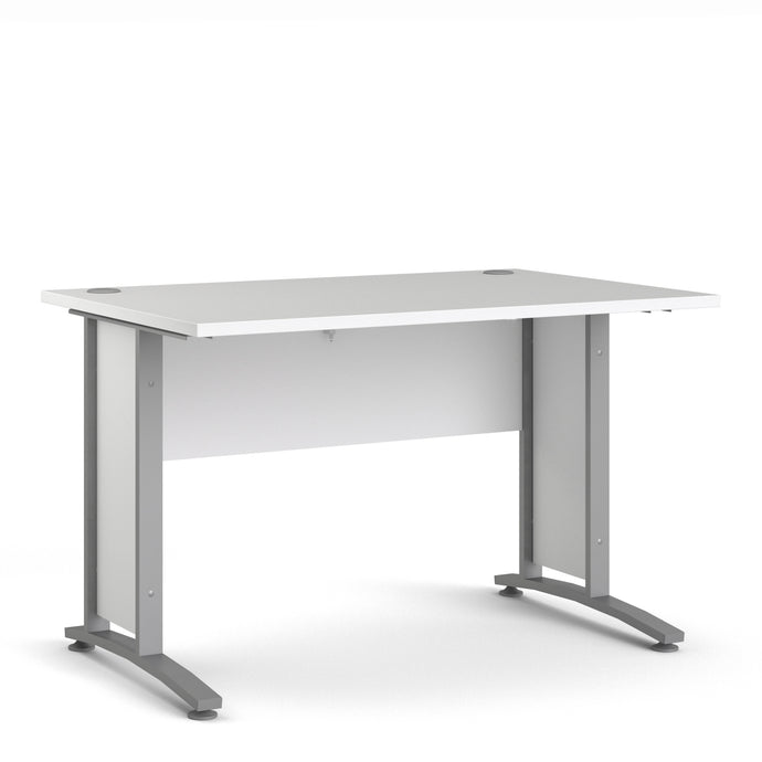 Prima Desk 120 cm in White with Silver grey steel legs in White/Steel Finish Furniture To Go 720804034903 5060653086177 The Prima range of desks are ideal for the home office, versatile and stylish enough to be used throughout the home in any room you choose. Dimensions: 750mm x 1201mm x 801mm (Height x Width x Depth) 
 High quality laminated board (resistant to damage and scratches, moisture and high temperature) 
 Perfect for small spaces 
 Stylish and timeless 
 Easy self assembly  
 Made from PEFC Certi