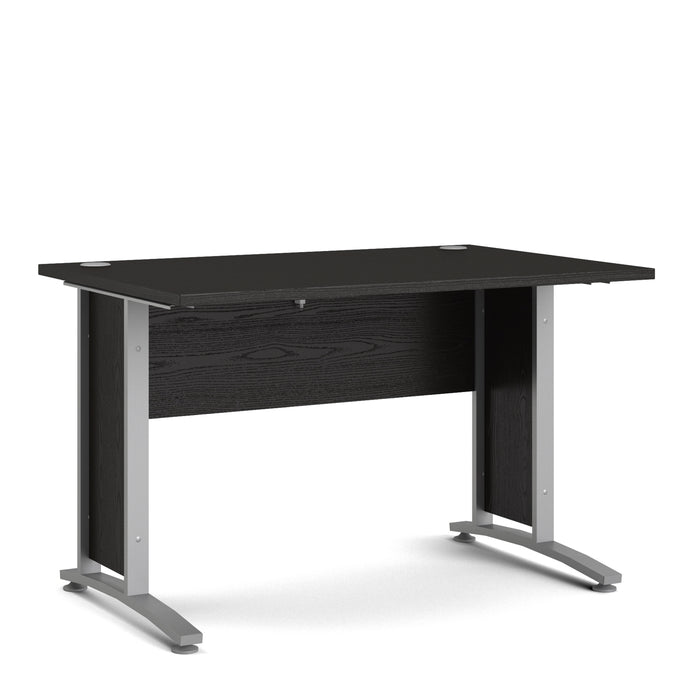 Prima Desk 120 cm in Black woodgrain with Silver grey steel legs in Black woodgrain/Steel Finsih Furniture To Go 720804036103 5060653086191 The Prima range of desks are ideal for the home office, versatile and stylish enough to be used throughout the home in any room you choose. Dimensions: 750mm x 1201mm x 801mm (Height x Width x Depth) 
 High quality laminated board (resistant to damage and scratches, moisture and high temperature) 
 Perfect for small spaces 
 Stylish and timeless 
 Easy self assembly  
 