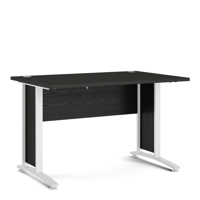 Prima Desk 120 cm in Black woodgrain with White legs in Black woodgrain/Matt White Furniture To Go 720804036149 5060653086207 The Prima range of desks are ideal for the home office, versatile and stylish enough to be used throughout the home in any room you choose. Dimensions: 750mm x 1201mm x 801mm (Height x Width x Depth) 
 High quality laminated board (resistant to damage and scratches, moisture and high temperature) 
 Perfect for small spaces 
 Stylish and timeless 
 Easy self assembly  
 Made from PEFC