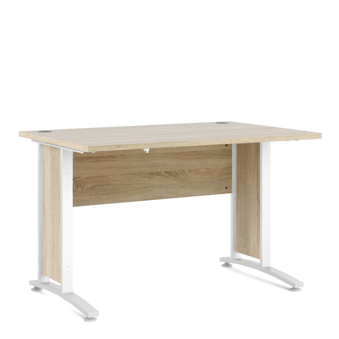 Prima Desk 120 cm in Oak with White legs in Oak Effect/Matt White Furniture To Go 72080403ak49 5060653086221 The Prima range of desks are ideal for the home office, versatile and stylish enough to be used throughout the home in any room you choose. Dimensions: 750mm x 1201mm x 801mm (Height x Width x Depth) 
 High quality laminated board (resistant to damage and scratches, moisture and high temperature) 
 Perfect for small spaces 
 Stylish and timeless 
 Easy self assembly  
 Made from PEFC Certified sustai