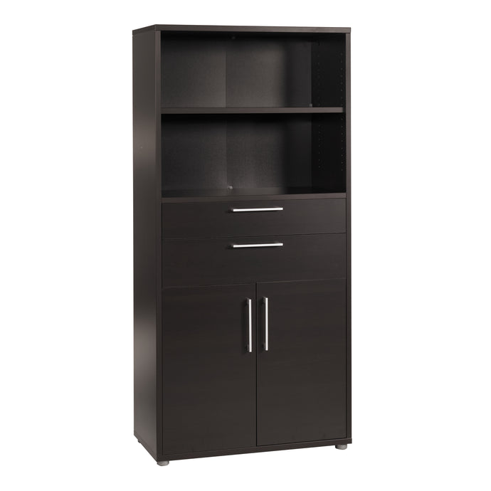 Prima Bookcase 3 Shelves With 2 Drawers And 2 Doors In Black Woodgrain Furniture To Go 720804202561 5060653085941 The Prima range of bookcases are ideal for the home office, versatile and stylish enough to be used throughout the home in any room you choose. Dimensions: 1860mm x 892mm x 401mm (Height x Width x Depth) 
 High quality laminated board (resistant to damage and scratches, moisture and high temperature) 
 Perfect for small spaces 
 Stylish and timeless 
 Easy self assembly  
 Made from PEFC Certifi