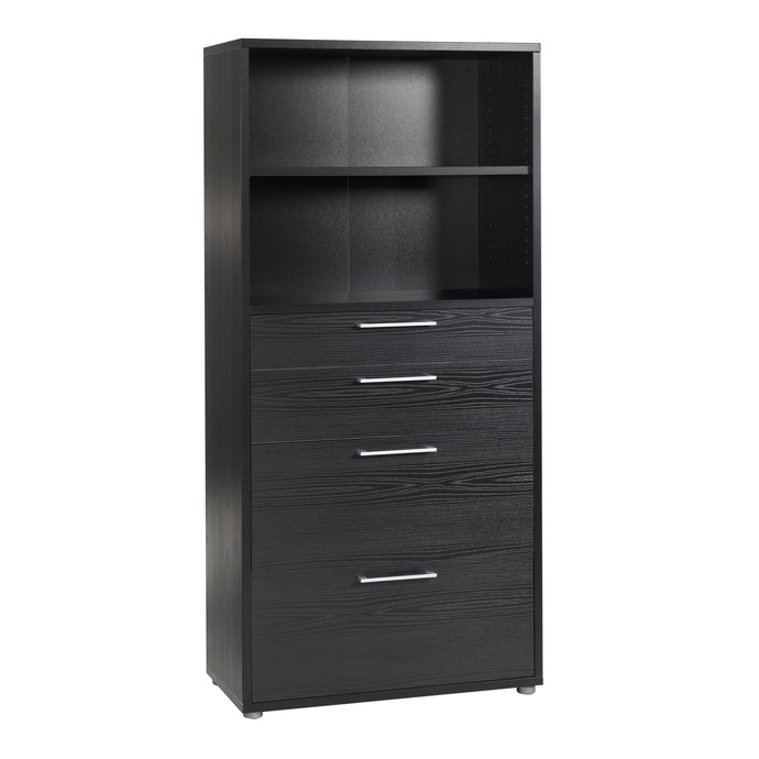 Prima Bookcase 1 Shelf With 2 Drawers + 2 File Drawers In Black Woodgrain Furniture To Go 720804202661 5060653086030 The Prima range of bookcases are ideal for the home office, versatile and stylish enough to be used throughout the home in any room you choose. Dimensions: 1860mm x 892mm x 401mm (Height x Width x Depth) 
 High quality laminated board (resistant to damage and scratches, moisture and high temperature) 
 Perfect for small spaces 
 Stylish and timeless 
 Easy self assembly  
 Made from PEFC Cert