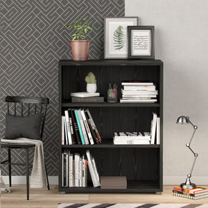 Prima Bookcase 2 Shelves in Black woodgrain Furniture To Go 7208042361 5706887858943 The Prima range of bookcases are ideal for the home office, versatile and stylish enough to be used throughout the home in any room you choose. Dimensions: 682mm x 482mm x 491mm (Height x Width x Depth) 
 High quality laminated board (resistant to damage and scratches, moisture and high temperature) 
 Anti- tip safety and safety wall fitting 
 Stylish and timeless 
 Easy self assembly  
 Made from PEFC Certified sustainable