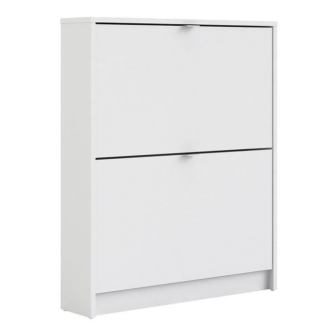 Shoes Shoe cabinet w. 2 tilting doors and 1 layer in White Furniture To Go 723590014949 5713035047630 The Shoes range provides a stylish solution for any cluttered hall. The sleek design allows for plenty of shoe storage without dominating your space. Available with a number of drawers, styles and fronts, the Shoes collection makes for an attractive yet understated addition to your home decor in addition to its practical application. Dimensions: 852mm x 703mm x 166mm (Height x Width x Depth) 
 This shoe cab